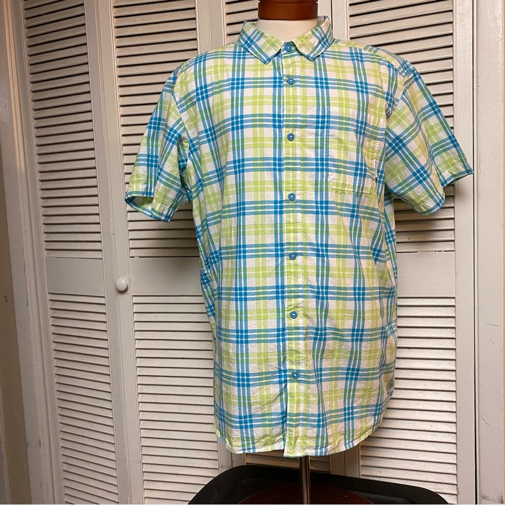 Columbia Size XL Cotton Short Sleeve Blue Green Plaid
